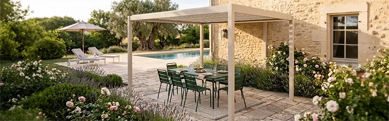 Pergola Trend 2026 aus Aluminium in Cremeweiß auf einer vollständigen Terrasse